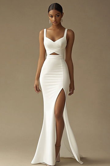 White Mermaid Satin V Neck Cut Out Long Formal Dress with Slit